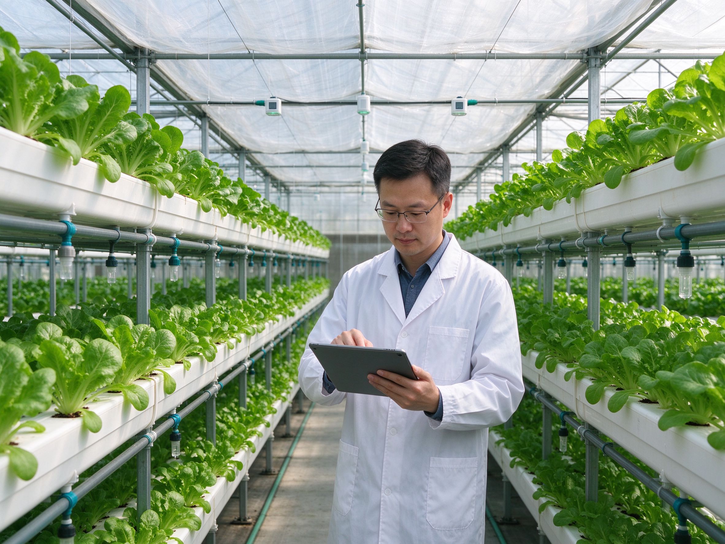 智能温室内的水培种植与农技人员数据监测